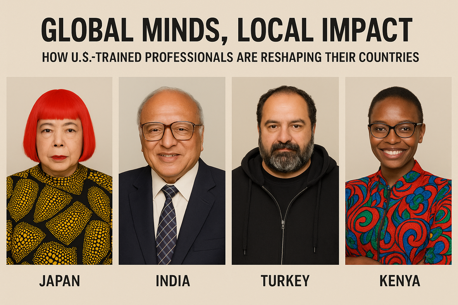 Four international changemakers representing Japan, India, Turkey, and Kenya