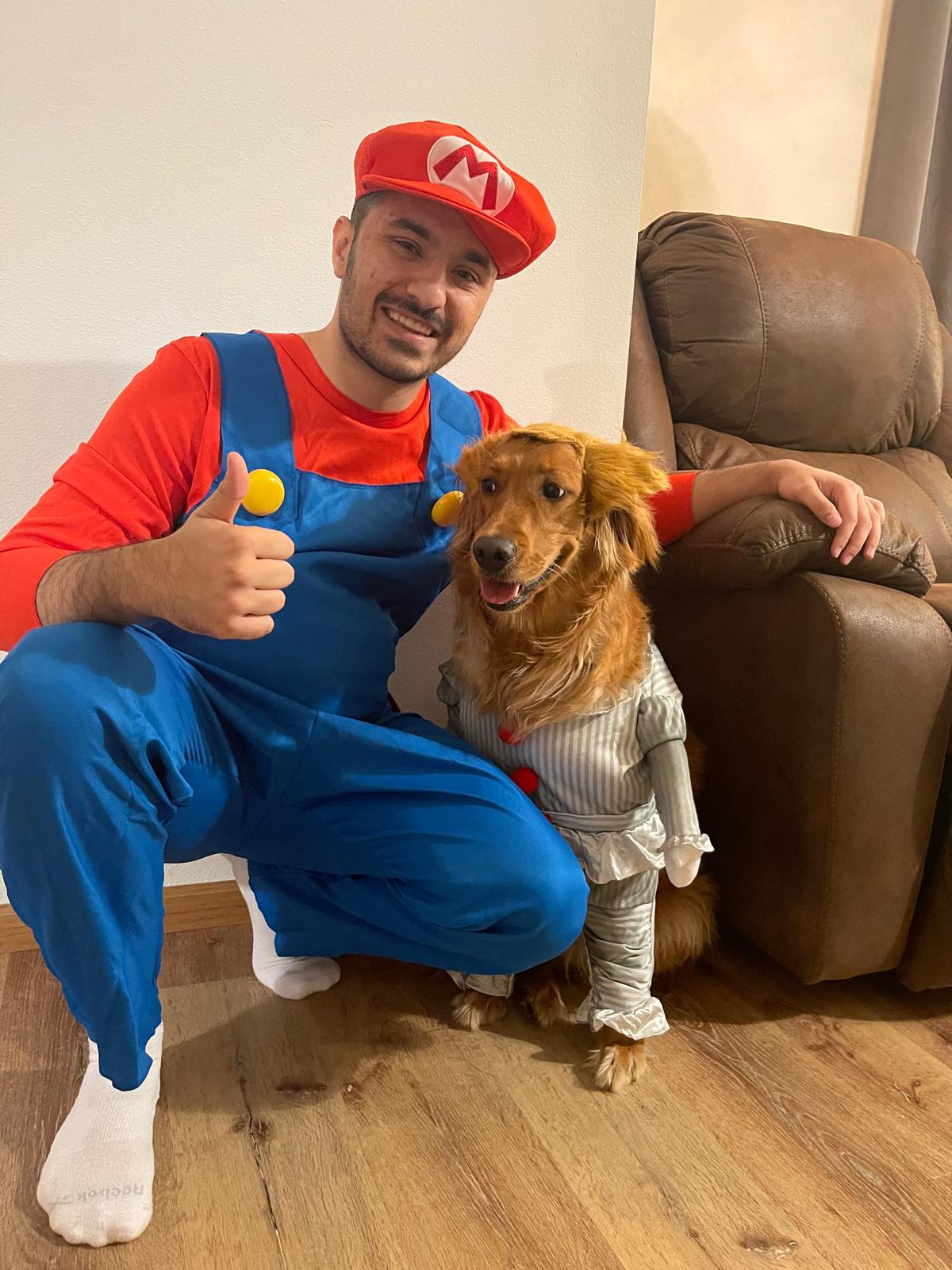 Mario Halloween costume with dog